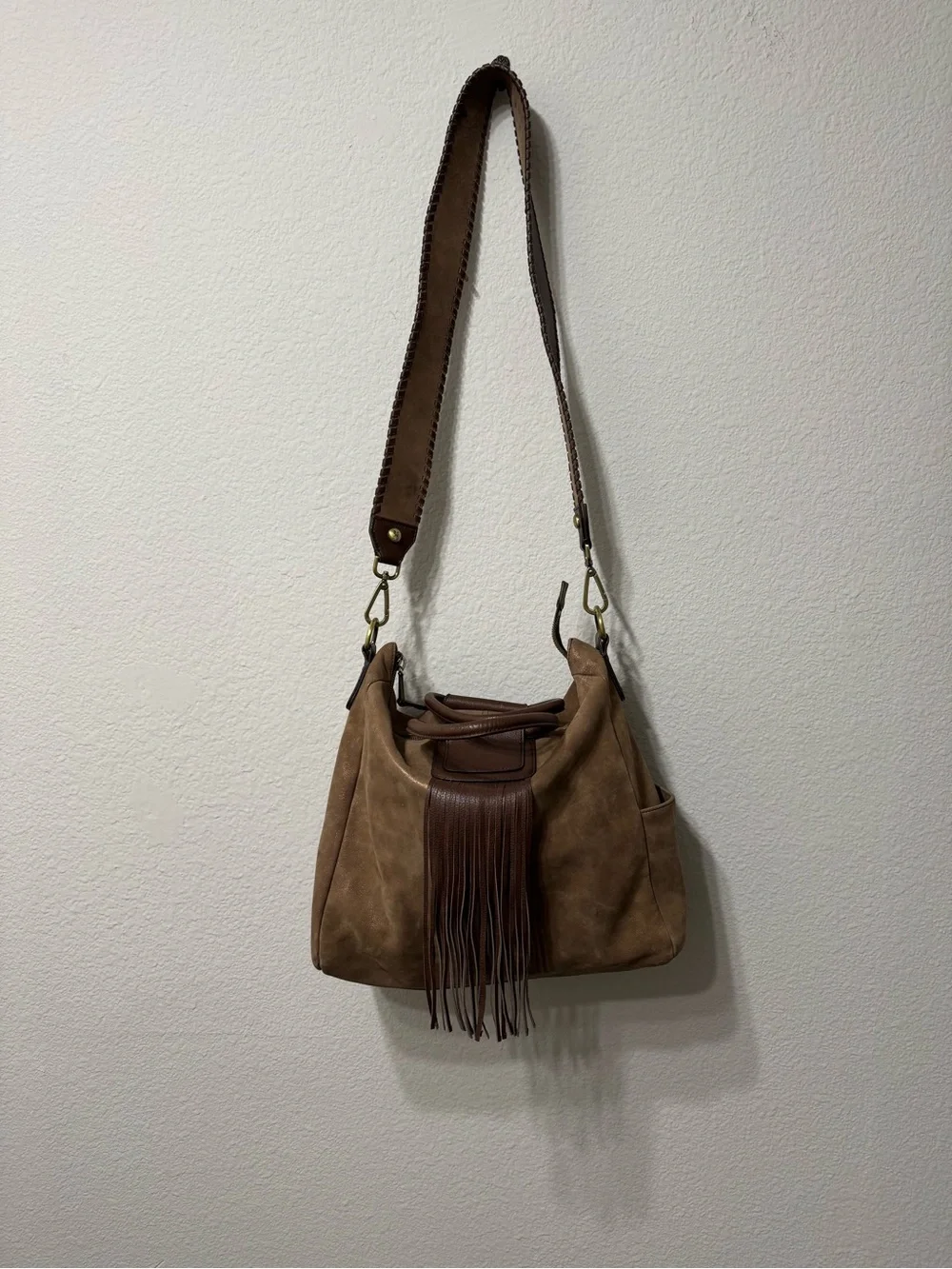 HOBO Original Fringe Accent Suede Shoulder Bag in Taupe and Dark Brown - Picture 3 of 11